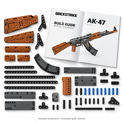 BrickStrike AK-47 — illustrated selected plastic building components and model-overview guide preview; not a full parts inventory or a verified supplied manual.