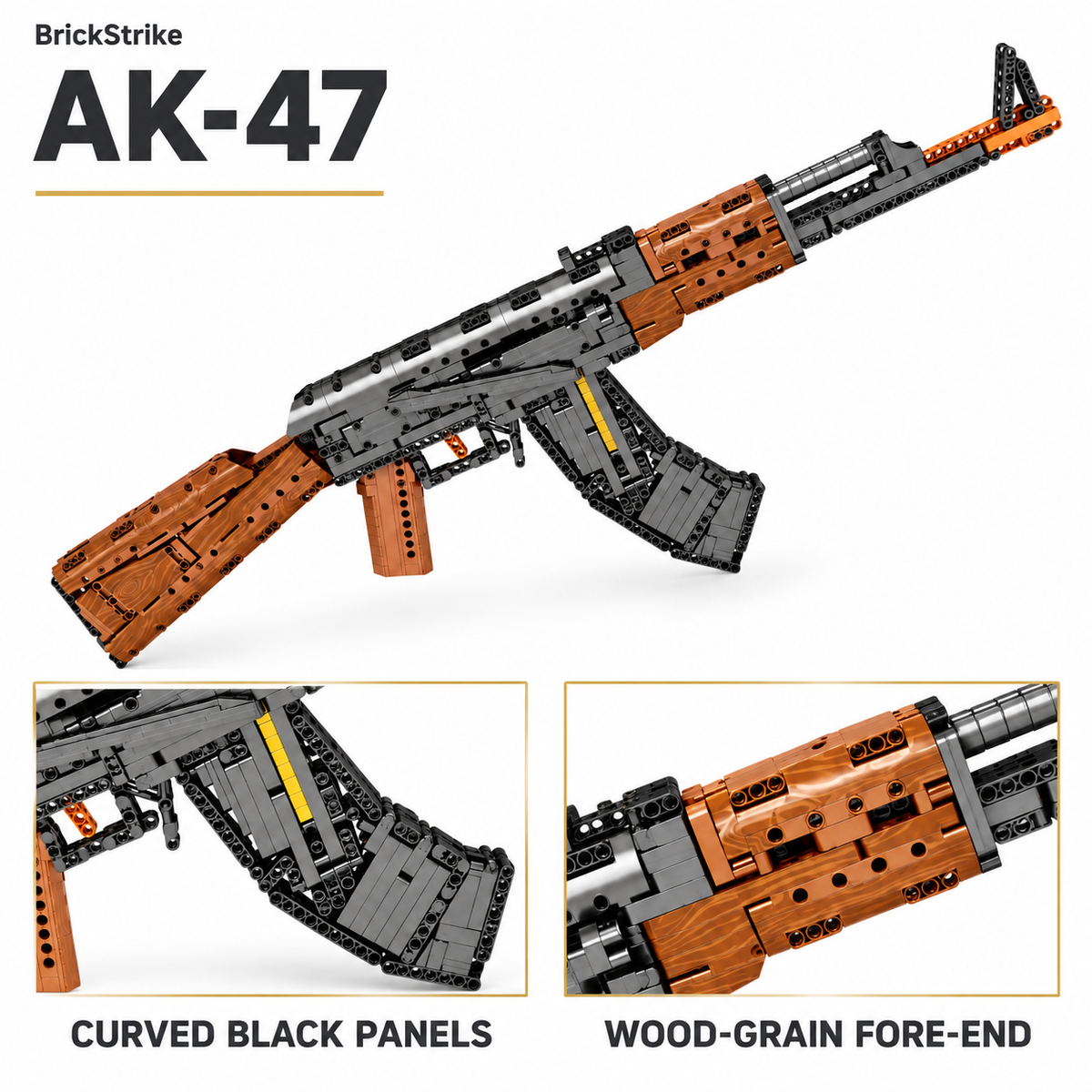 BrickStrike ak47 illustrated brick-building toy detail guide: curved black panels and wood-grain fore-end. Product styling close-ups, not an operational diagram.