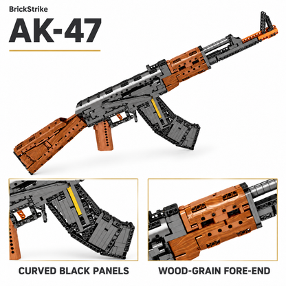 BrickStrike ak47 illustrated brick-building toy detail guide: curved black panels and wood-grain fore-end. Product styling close-ups, not an operational diagram.