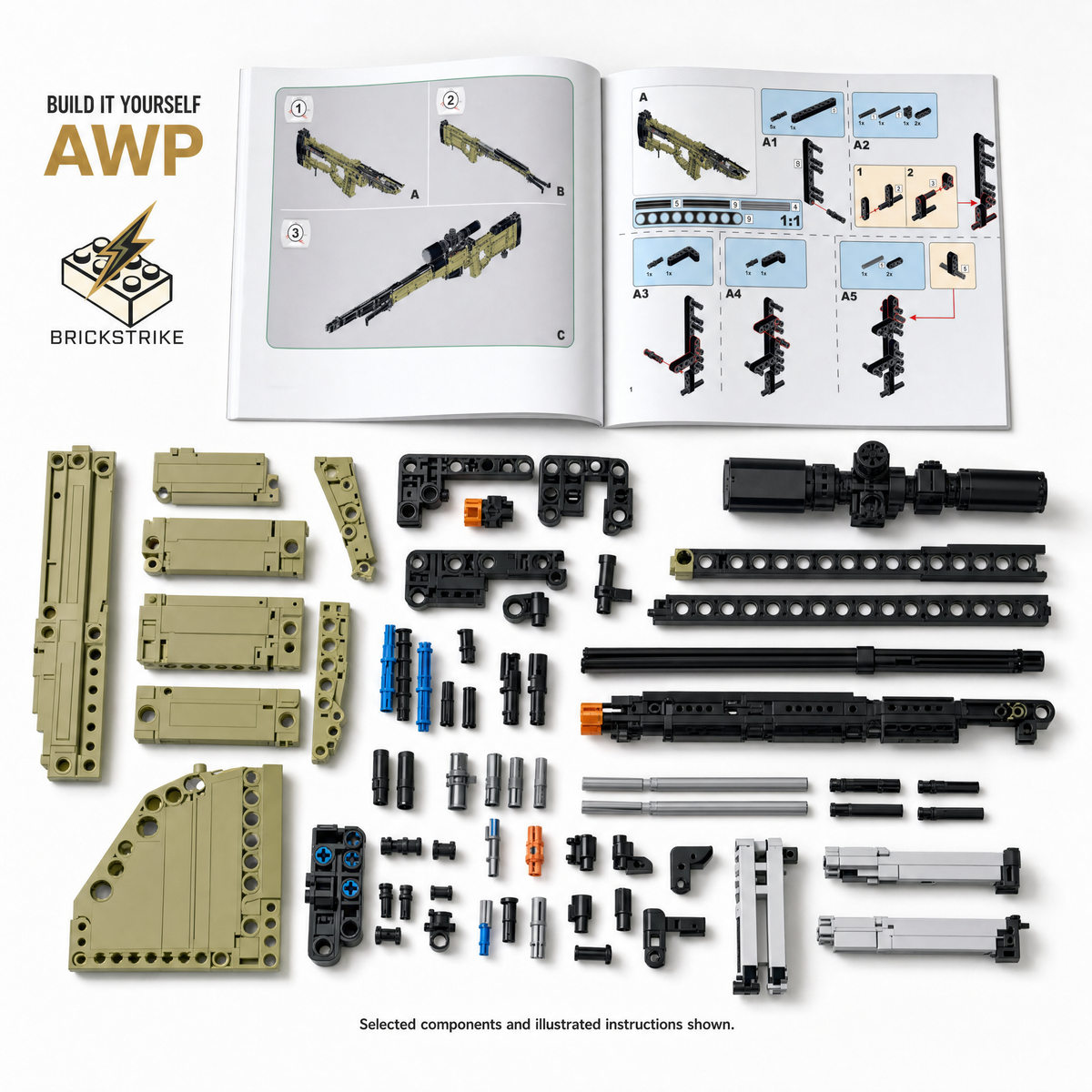 BrickStrike awp — illustrated selected building components and assembly guide, not a full parts inventory