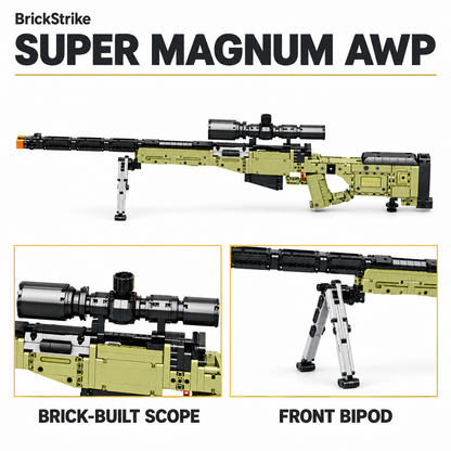 BrickStrike awp illustrated brick-building toy detail guide: brick-built scope and front bipod. Product styling close-ups, not an operational diagram.