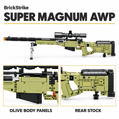 BrickStrike awp illustrated brick-building toy detail guide: olive body panels and rear stock. Product styling close-ups, not an operational diagram.