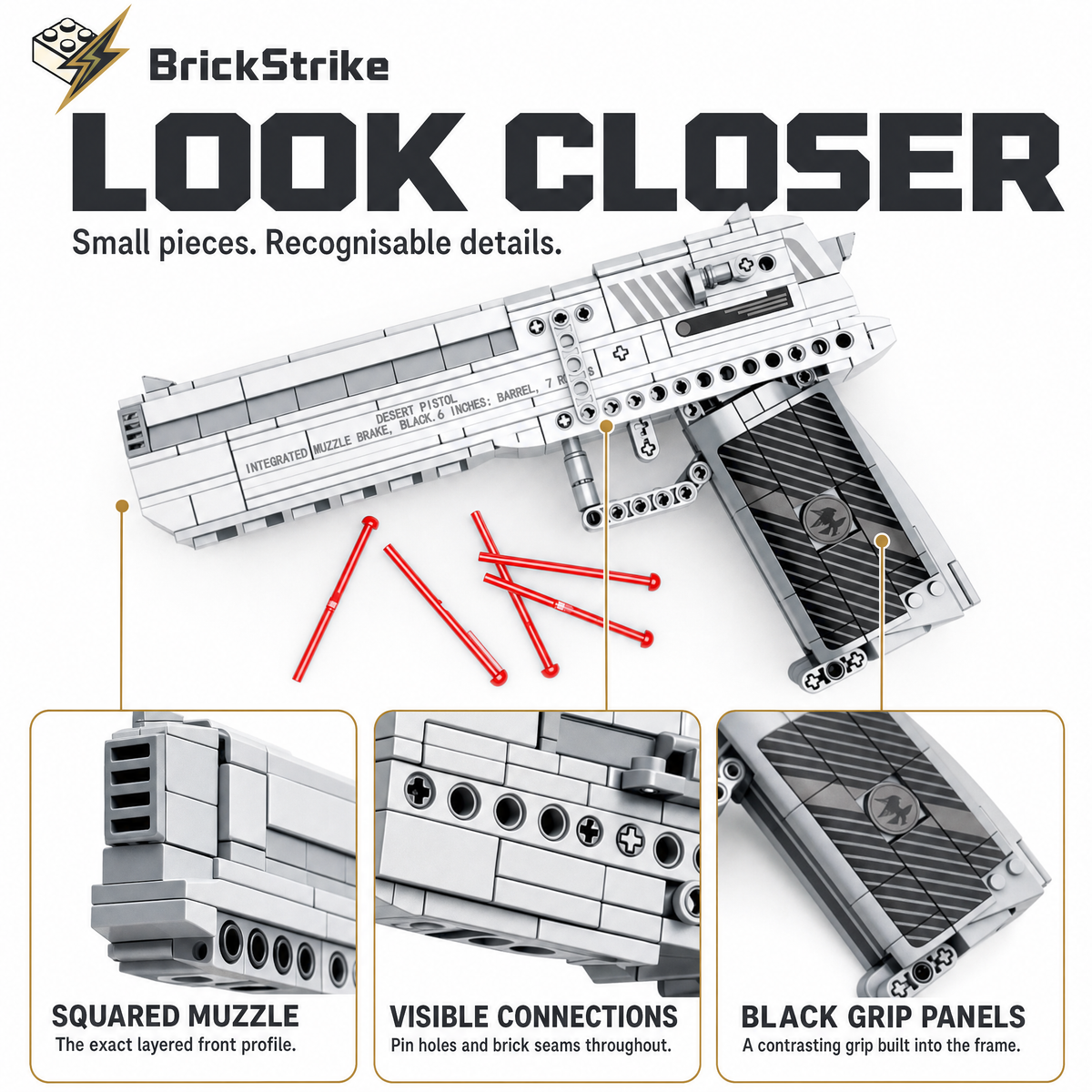 BrickStrike Desert Eagle — close-up guide to muzzle, visible connections and black grip