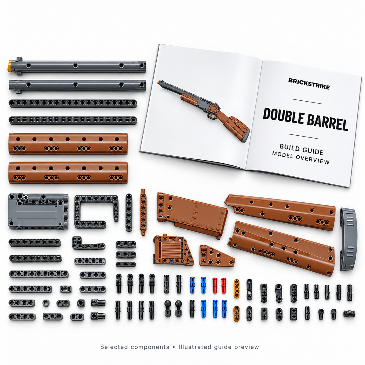 BrickStrike DOUBLE BARREL — illustrated selected plastic building components and model-overview guide preview; not a full parts inventory or a verified supplied manual.