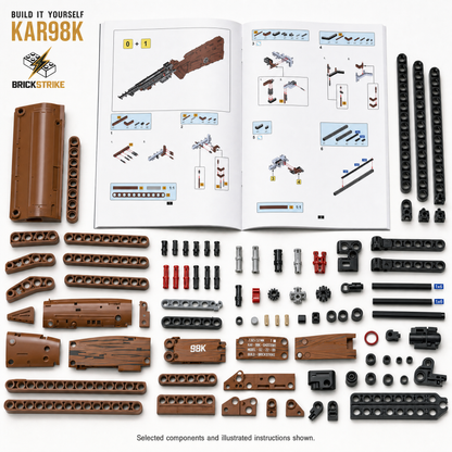 BrickStrike kar98k — illustrated selected building components and assembly guide, not a full parts inventory