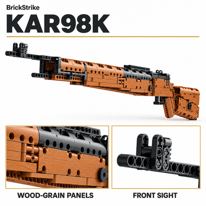 BrickStrike Kar98k illustrated product detail guide showing wood-grain plastic panels and front sight of the brick-building toy.
