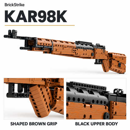 BrickStrike kar98k illustrated brick-building toy detail guide: shaped brown grip and black upper body. Product styling close-ups, not an operational diagram.