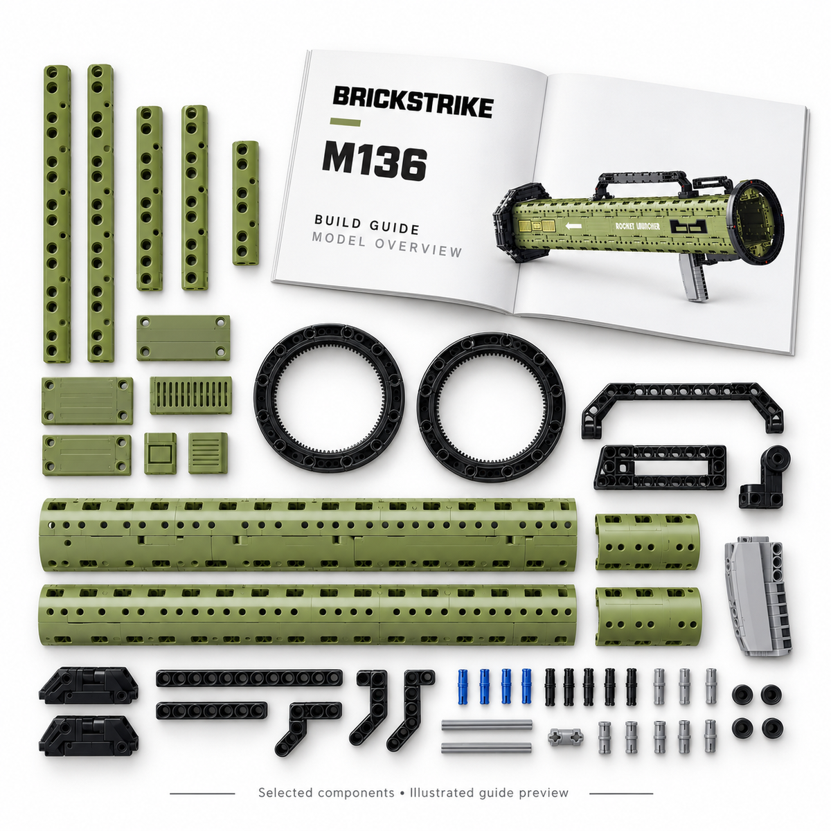 BrickStrike M136 — illustrated selected plastic building components and model-overview guide preview; not a full parts inventory or a verified supplied manual.