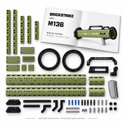 BrickStrike M136 — illustrated selected plastic building components and model-overview guide preview; not a full parts inventory or a verified supplied manual.