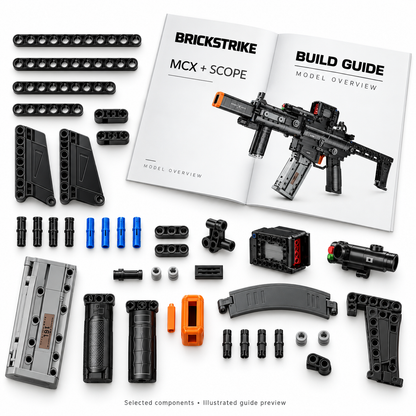 BrickStrike MCX + Scope — illustrated selected plastic building components and model-overview guide preview; not a full parts inventory or a verified supplied manual.